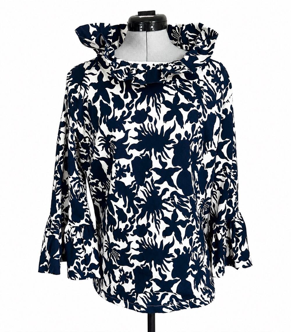 Elizabeth Wilson Navy & White Floral Ruffle Neck Blouse – Size XL